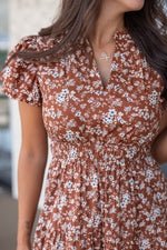 brown dainty floral print smocked waist midi dress