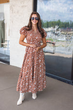 brown dainty floral print smocked waist midi dress