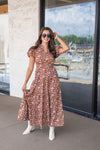 brown dainty floral print smocked waist midi dress