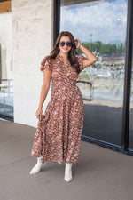 brown dainty floral print smocked waist midi dress