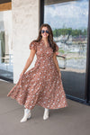 brown dainty floral print smocked waist midi dress