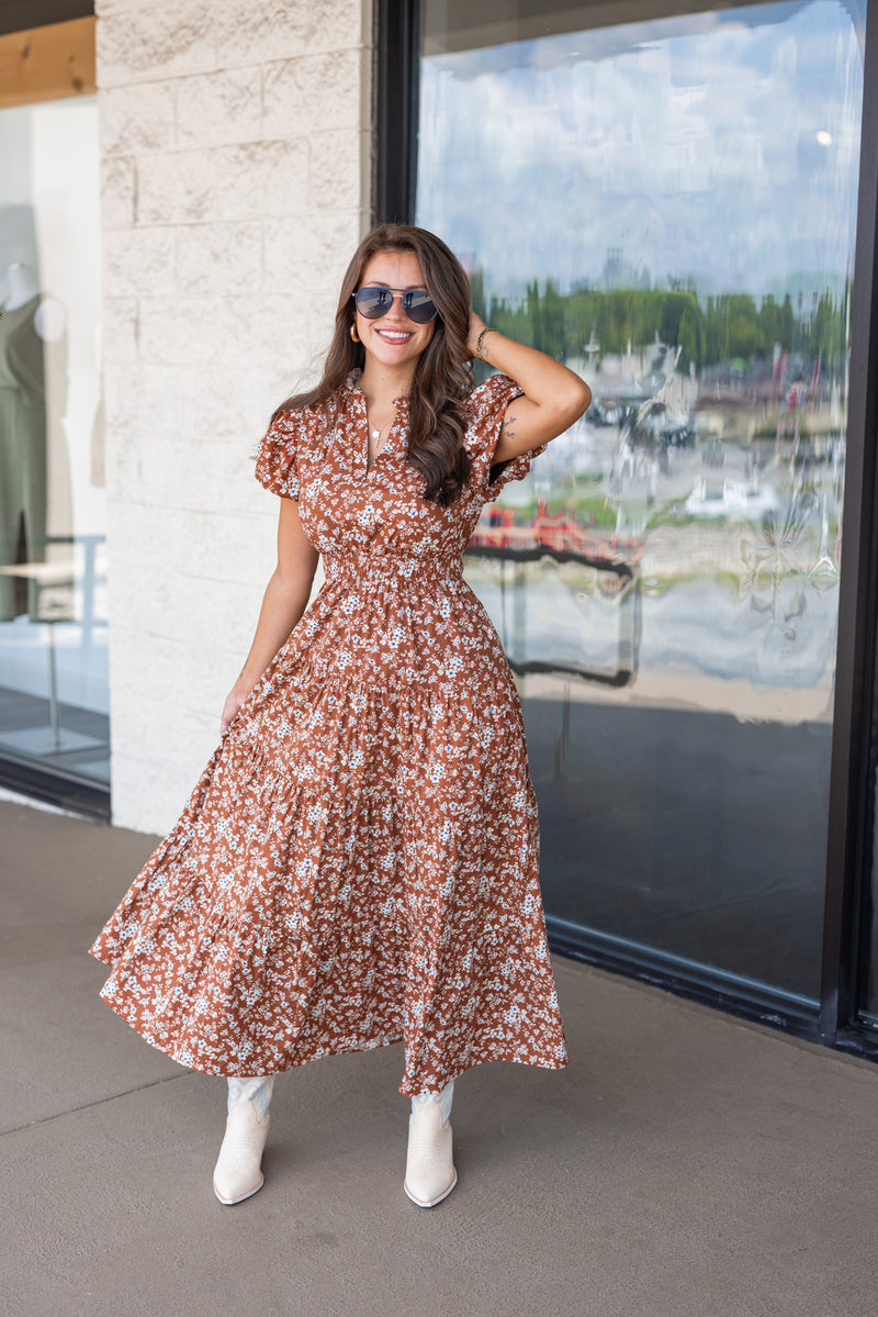 brown dainty floral print smocked waist midi dress