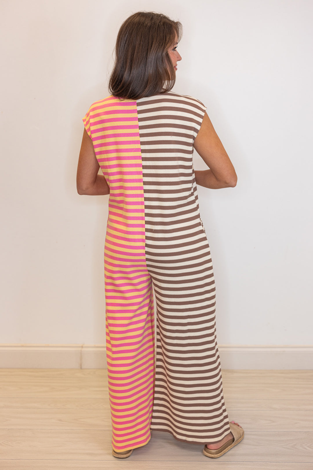 mocha pink striped knit jumpsuit