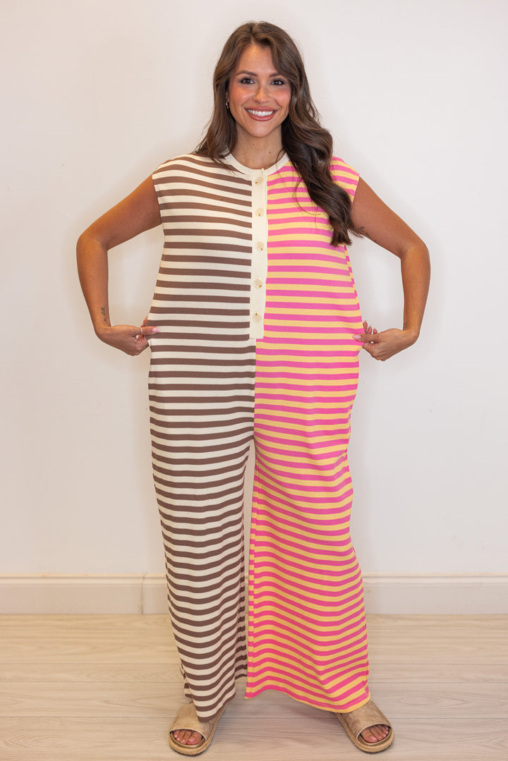 mocha pink striped knit jumpsuit