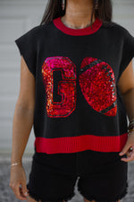 red black sequin football knit top