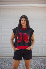 red black sequin football knit top