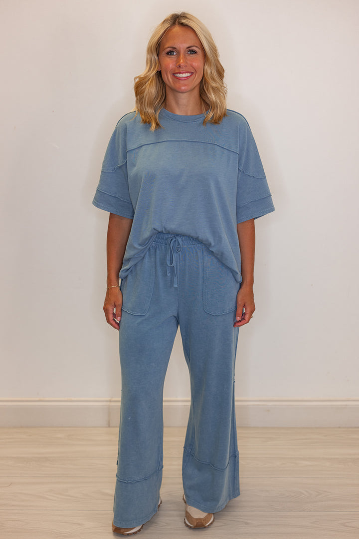 cute easy everyday matching blue cotton pants set