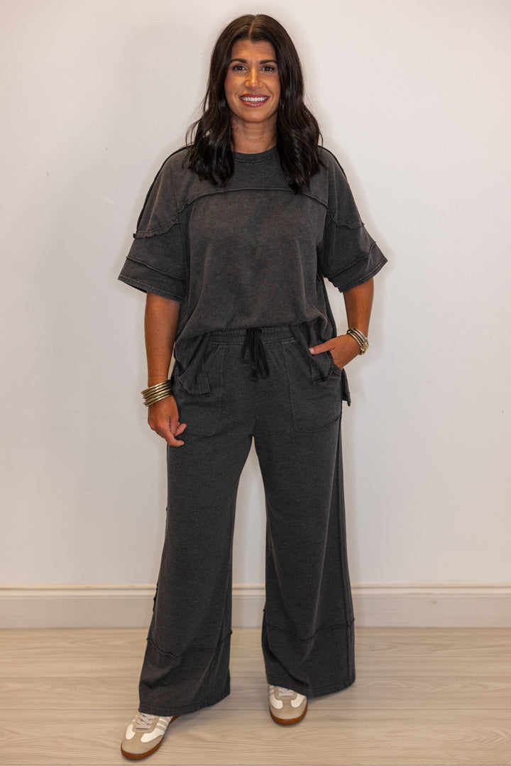 cute easy everyday black cotton wide leg lounge pants outfit