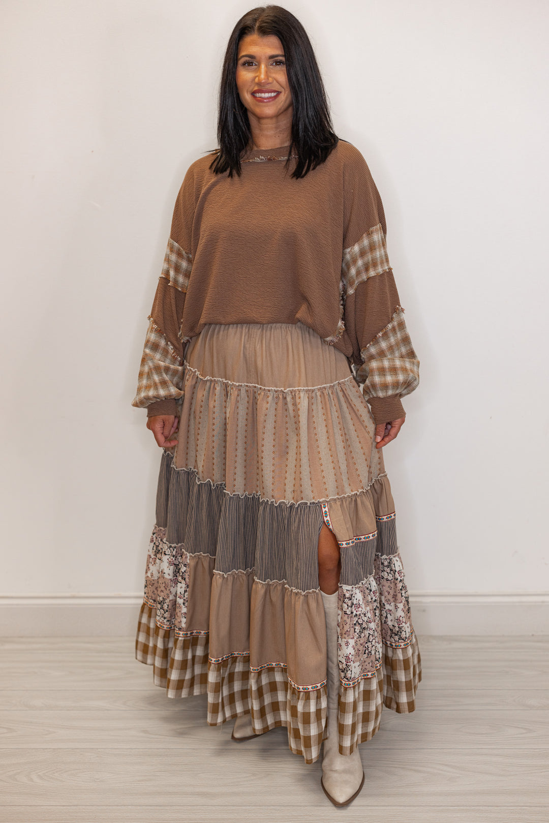 brown layered patterned boho maxi skirt