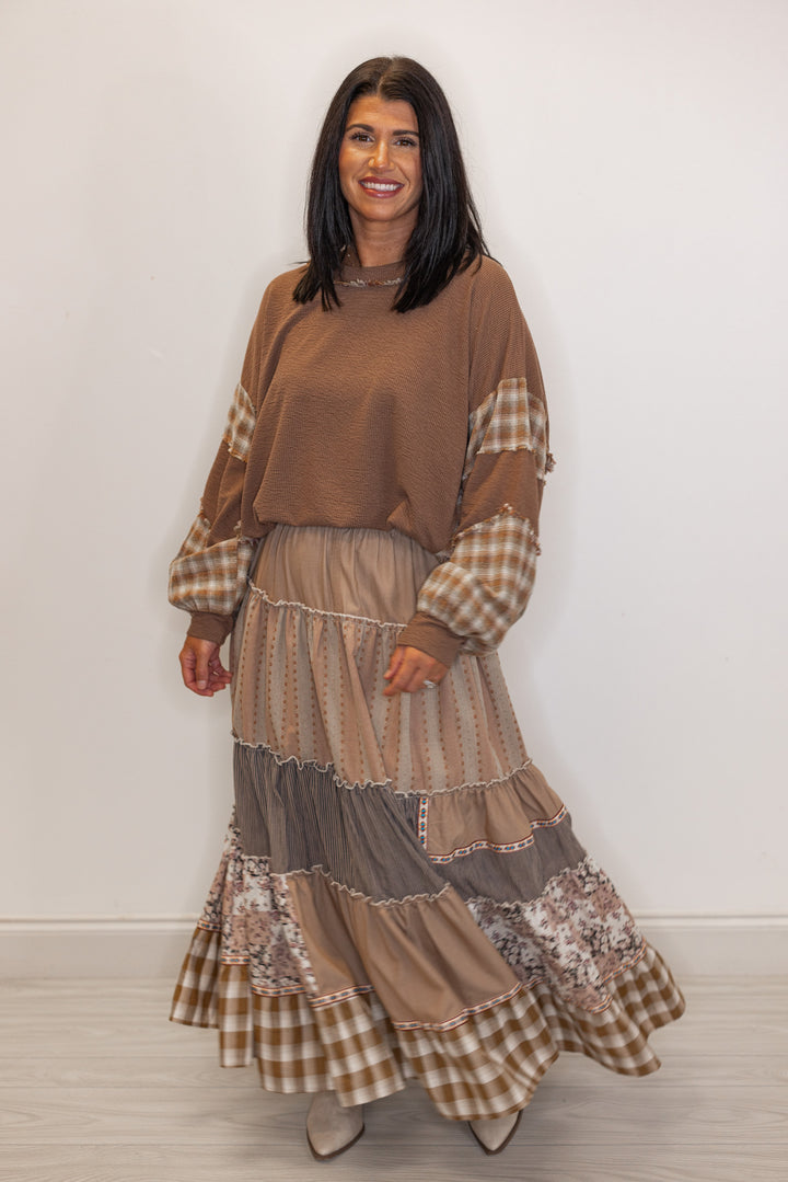flowy brown layered patterned boho maxi skirt with plaid detail long sleeve tee
