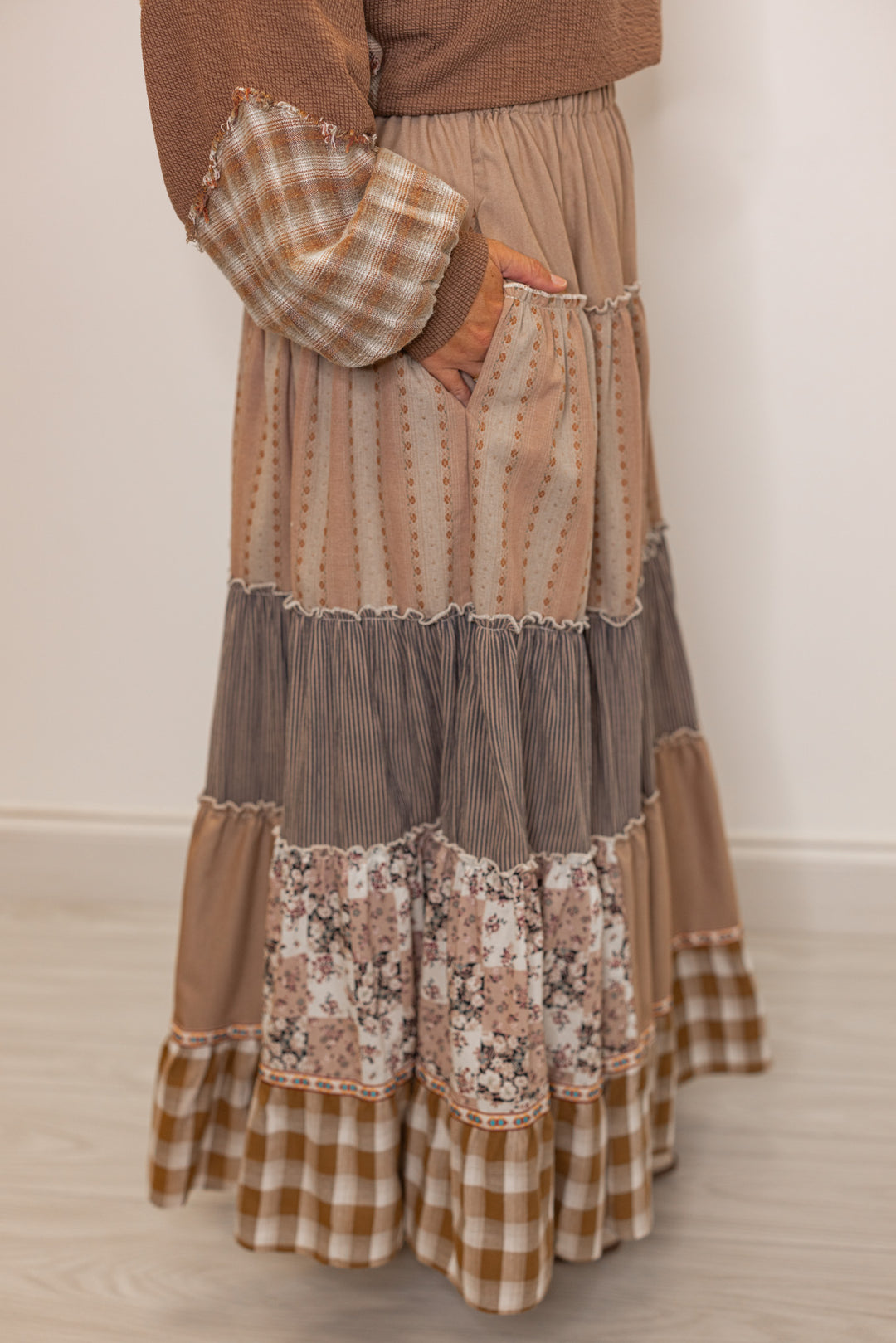 Women's brown layered patterned boho maxi skirt with side pockets