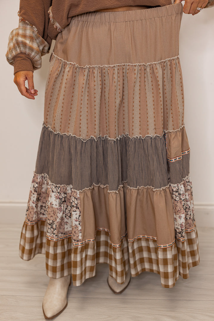 Women's taupe layered patterned boho maxi skirt with elastic waistband