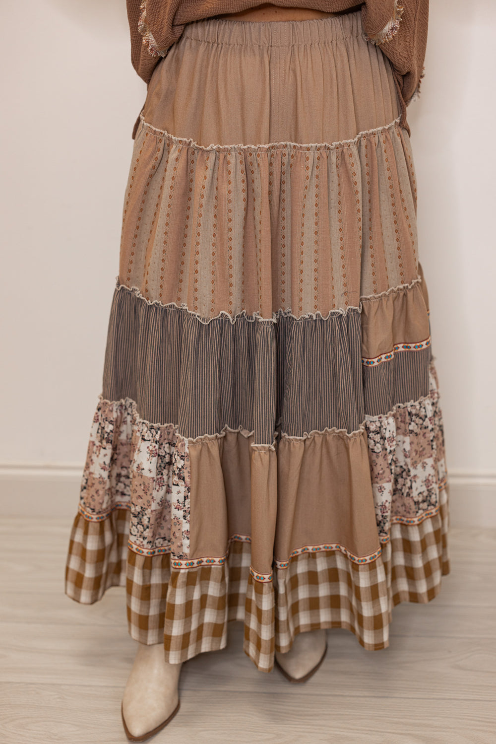 Women's brown rust layered patterned boho maxi skirt