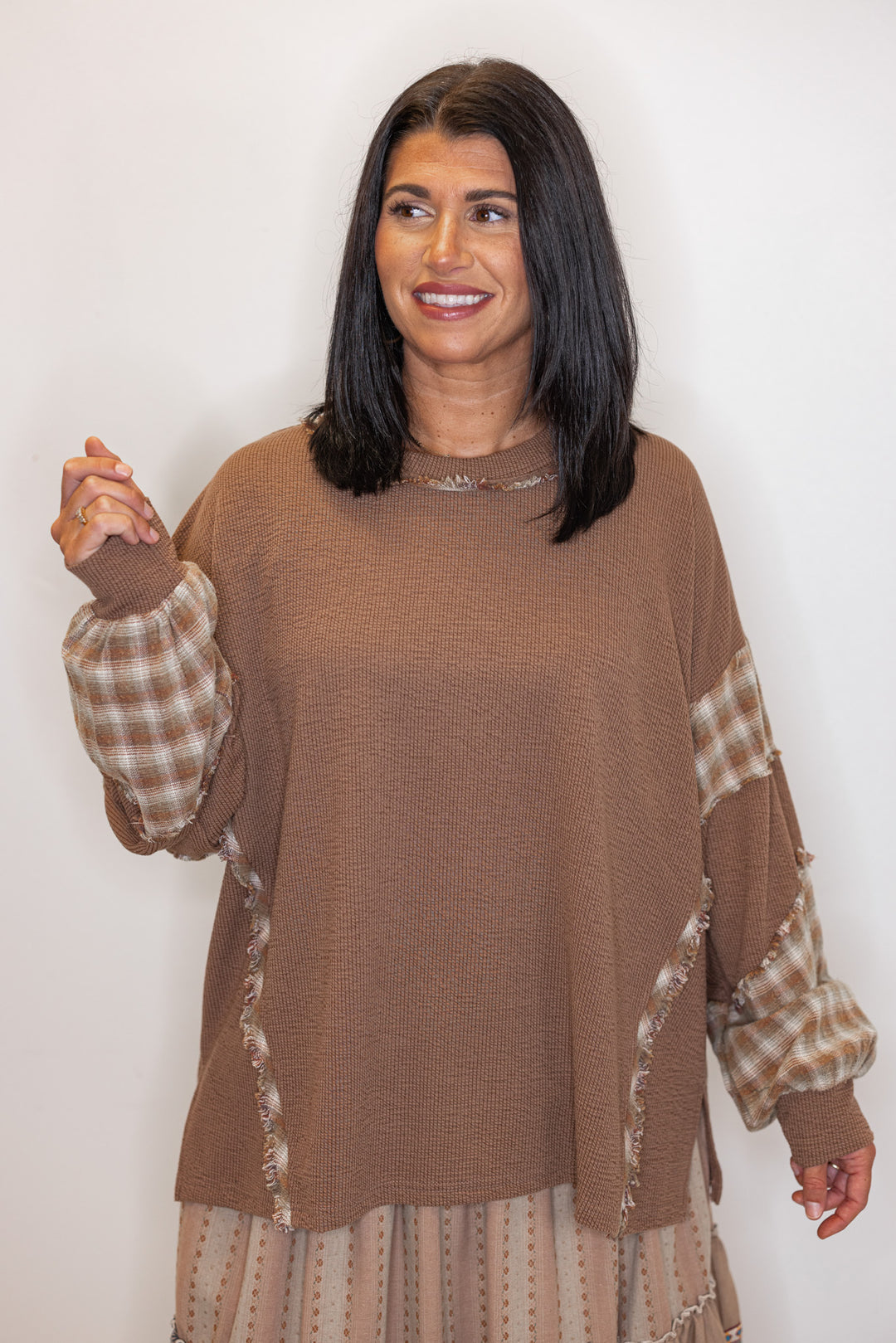 Women's mocha brown knit boho top with plaid detailing 
