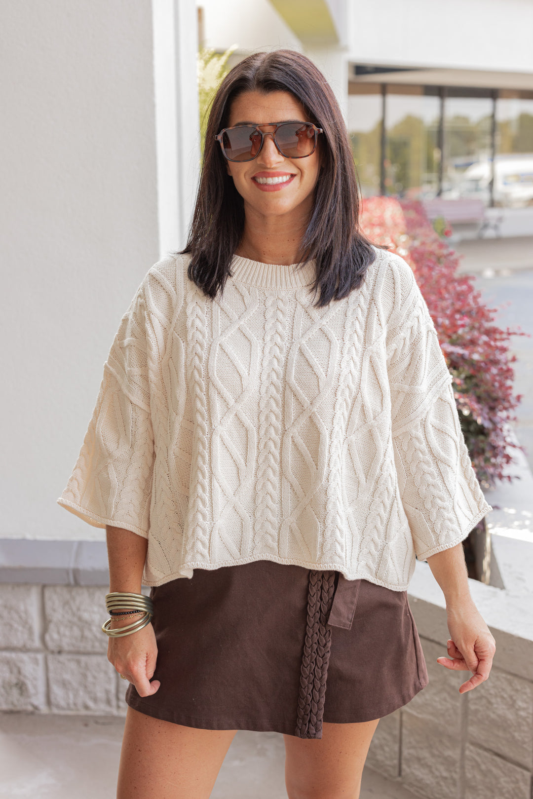 Women's ecru cable knit cropped sweater by Entro