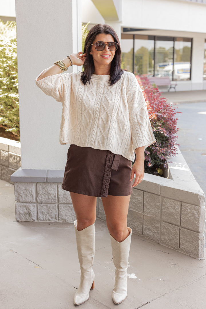 Trendy braided trim denim twill skort in deep brown by Entro
