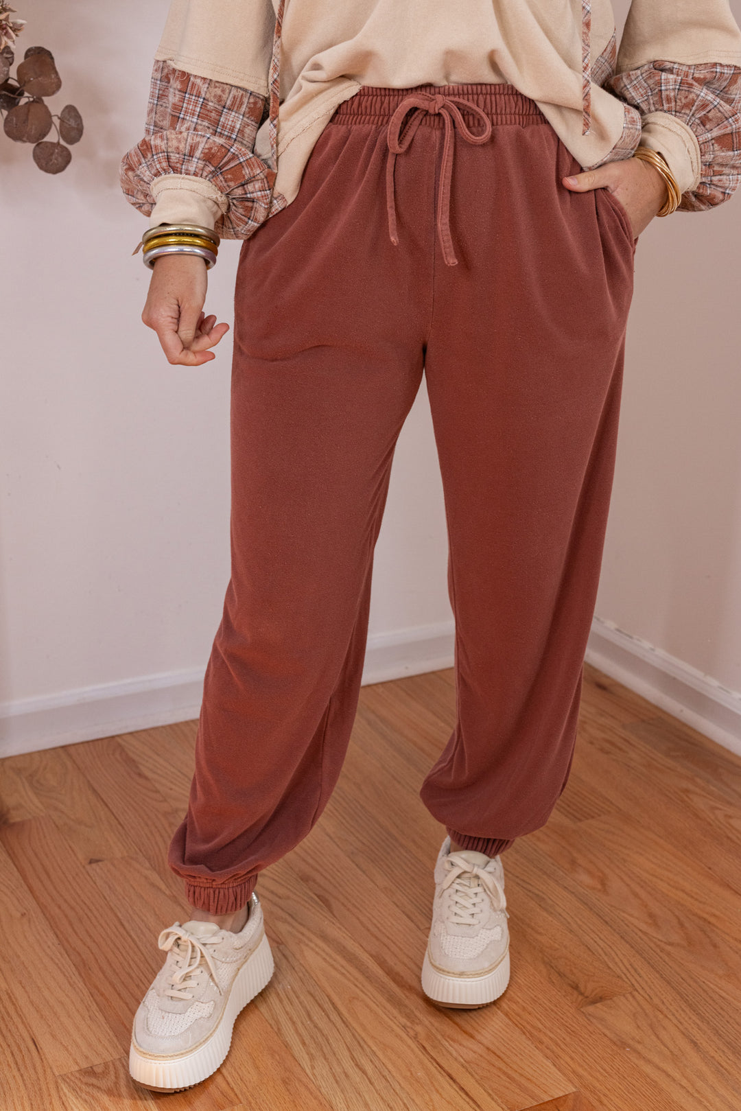 Women&#39;s washed terra-cotta terry knit wide leg jogger pants by Blu Pepper