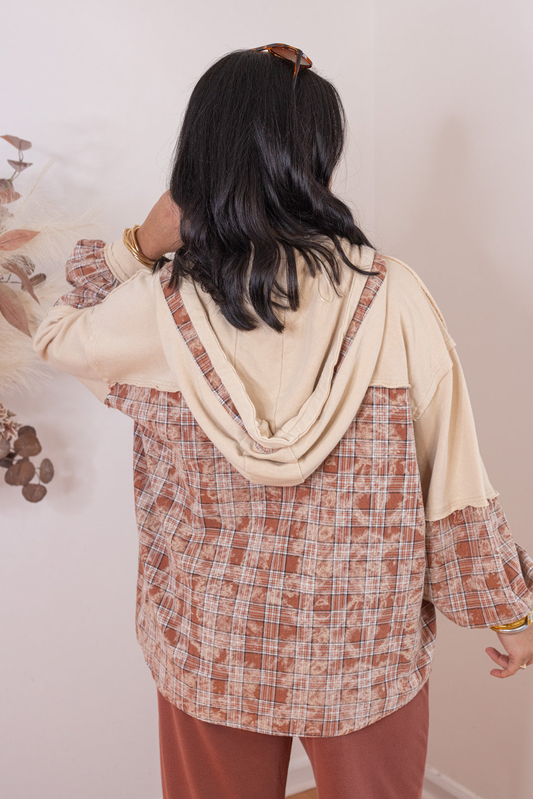 Women's beige french terry knit hooded top with plaid patchwork colorblock by Easel showing up close back view