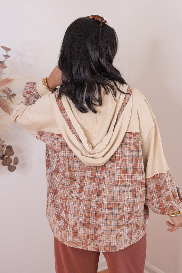 Women's beige french terry knit hooded top with plaid patchwork colorblock by Easel showing up close back view