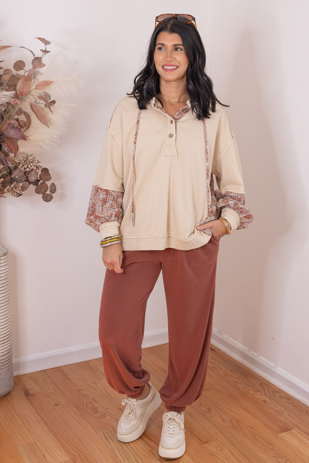 Women&#39;s washed terra-cotta terry knit wide leg jogger pants by Blu Pepper, perfect for running errands