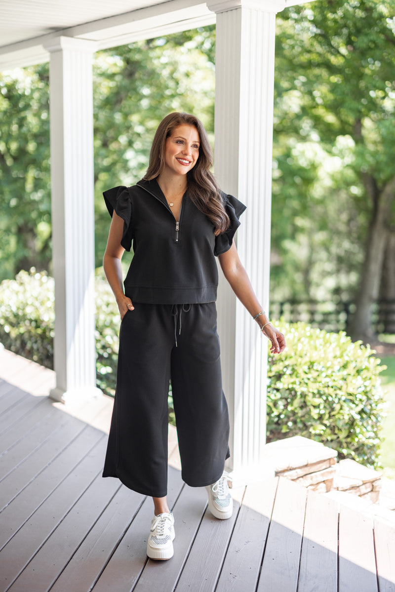 black cropped wide leg casual pants