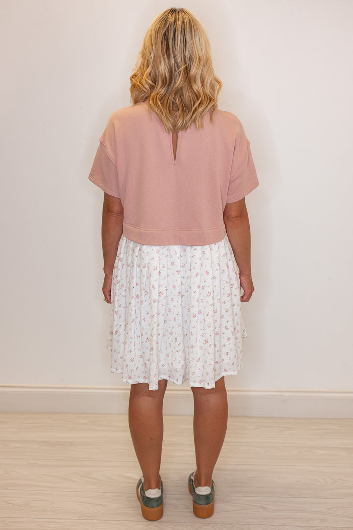 Women's mauve knit and off white woven floral print dress by Wishlist showing back view