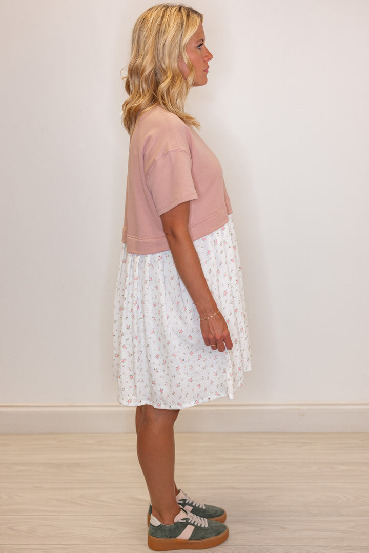 Women's mauve knit and off white woven floral print dress by Wishlist showing side view