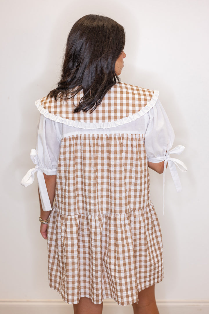 Brown and off white textured gingham print button front tiered babydoll dress by Fantastic Fawn showing up close back view