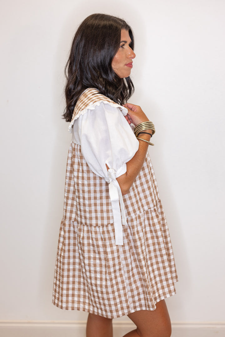 Brown and off white textured gingham print button front tiered babydoll dress by Fantastic Fawn showing side view