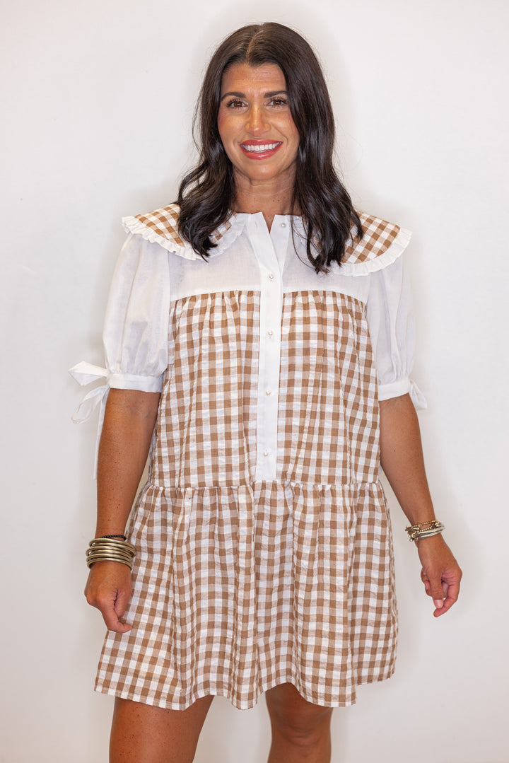 Brown and off white textured gingham print button front tiered babydoll dress by Fantastic Fawn