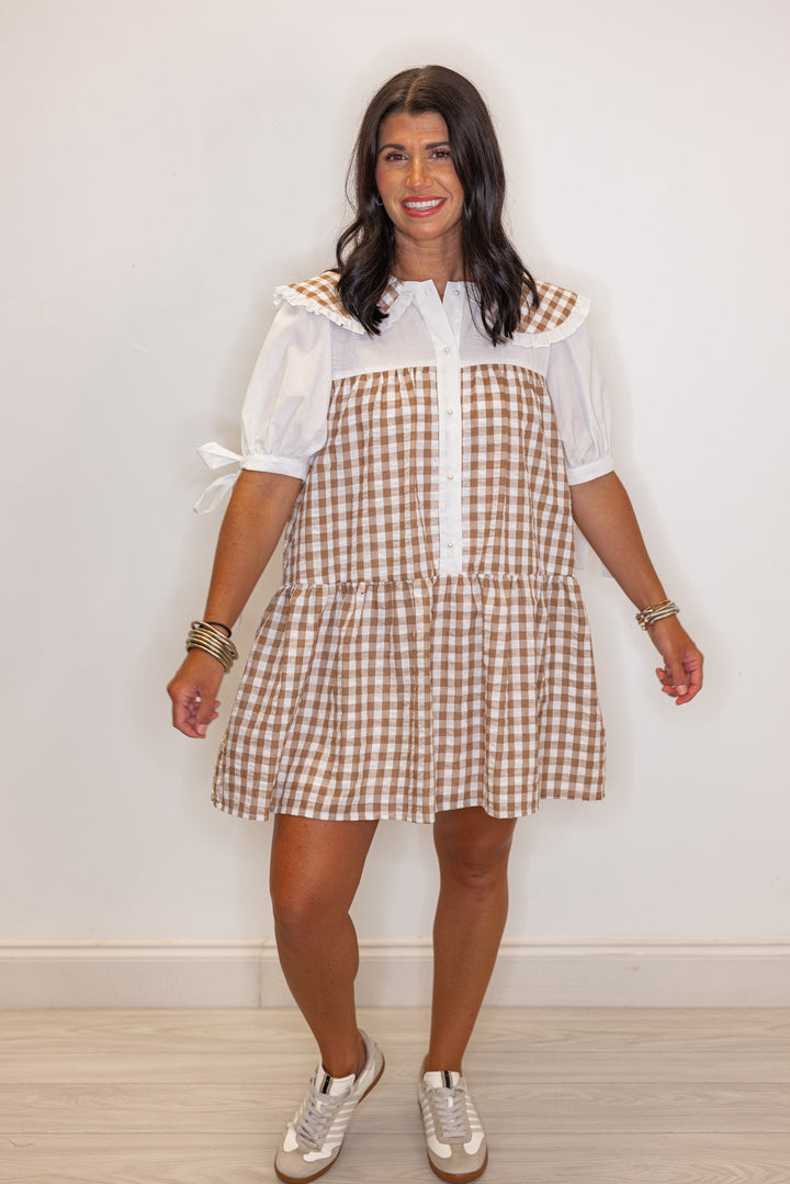 Womens trendy brown and off white textured gingham print button front tiered babydoll dress by Fantastic Fawn 