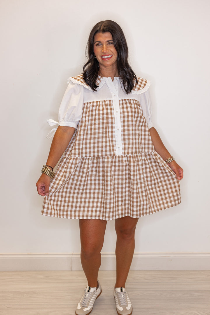 Brown and off white textured gingham print button front tiered babydoll dress by Fantastic Fawn showing tiered detailing