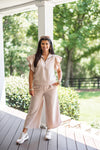 taupe elastic waist wide leg pant