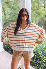 rust striped casual long sleeve top