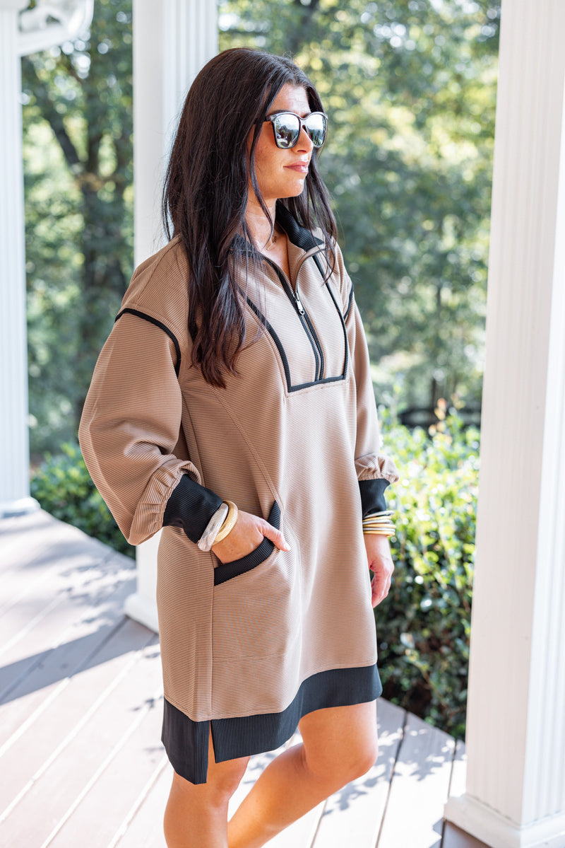 taupe black colorblock casual shift dress