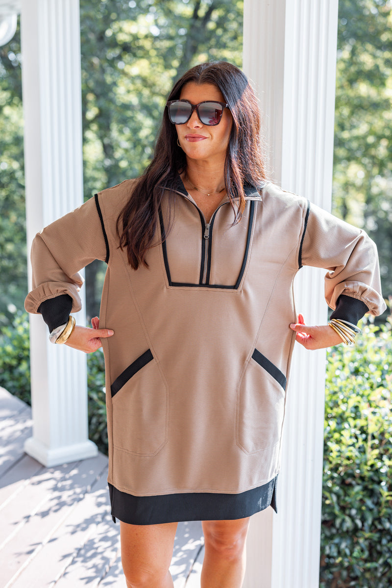 taupe black colorblock casual shift dress