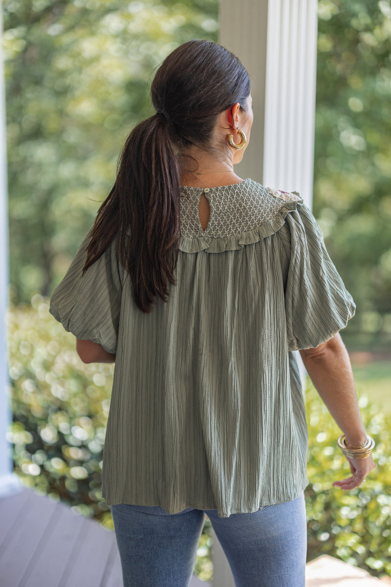 olive fall floral dressy smocked top