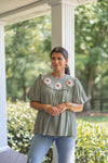 olive fall floral dressy smocked top