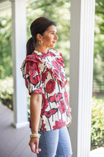 fall floral ruffle short sleeve top