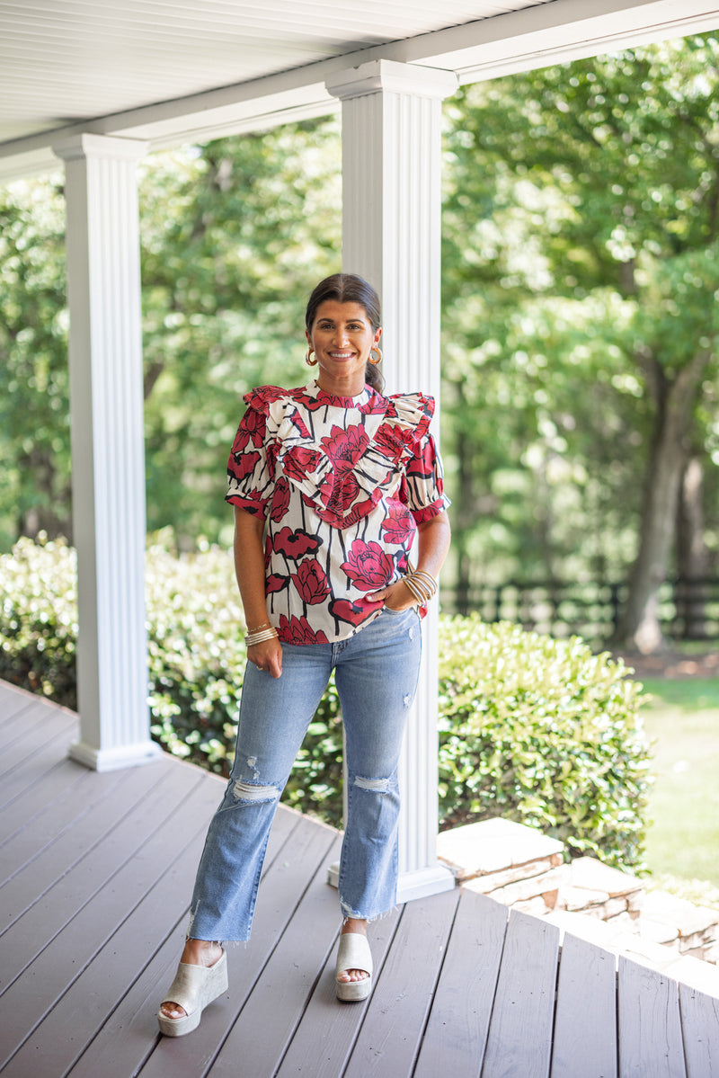 fall floral ruffle short sleeve top