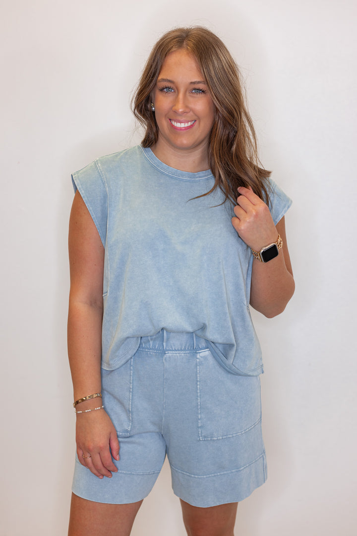 Women's mineral washed utility blue knit elastic waist shorts by Rae Mode