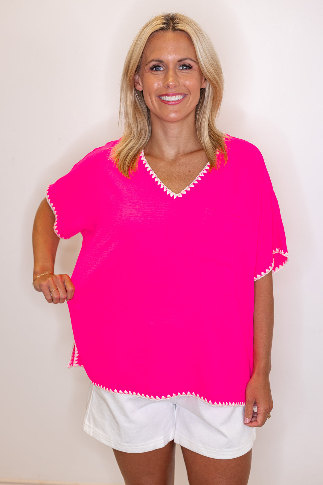Hot pink white trim casual cute top