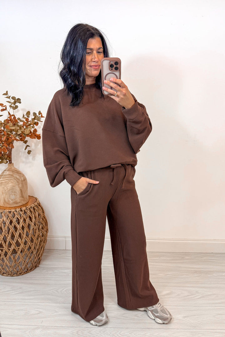 brown ribbed knit matching set for winter