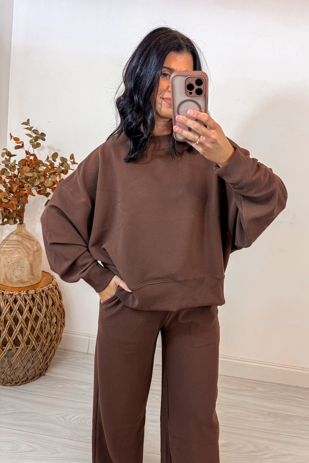 brown ribbed texture knit matching set