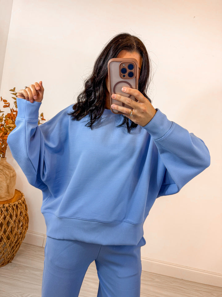 trending blue ribbed knit matching lounge set