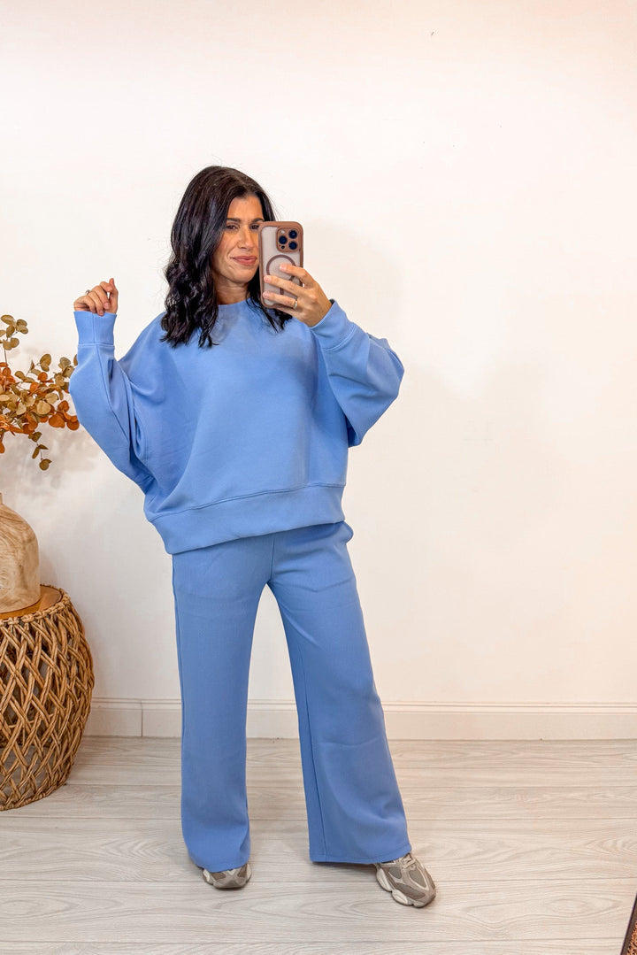 women's cute comfy blue ribbed lounge set