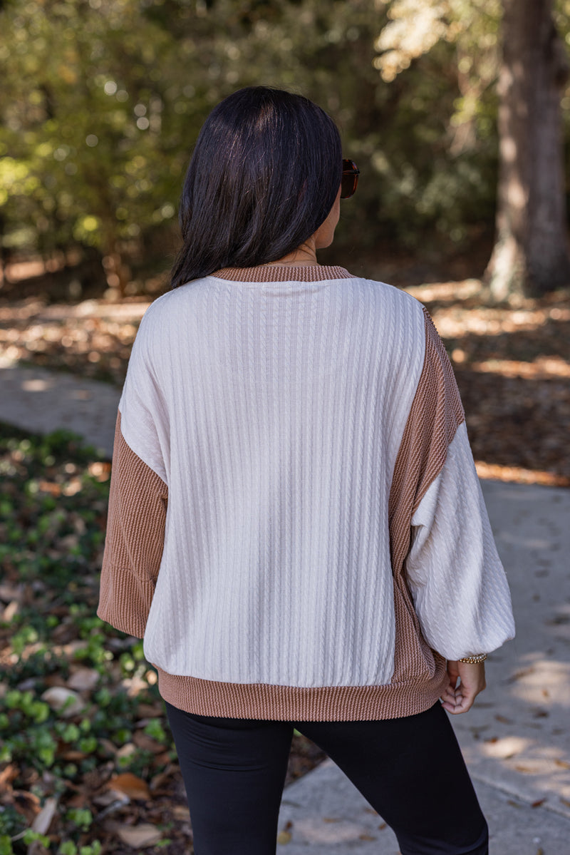 cream mocha knit color block pullover