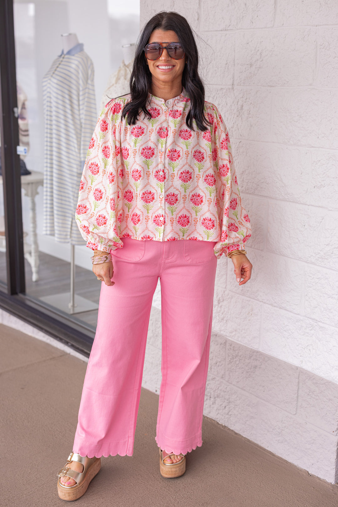 pink scalloped hem wide leg twill denim pants outfit