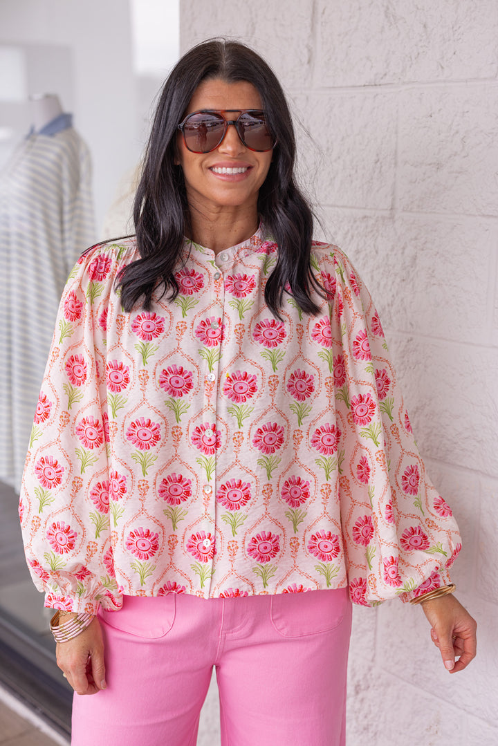 sheer pink floral printed blouse
