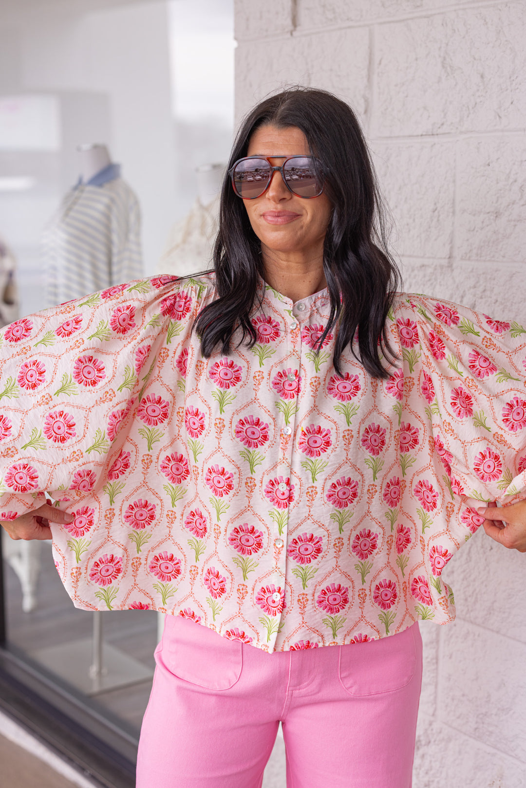 sheer pink green floral printed blouse loose fit